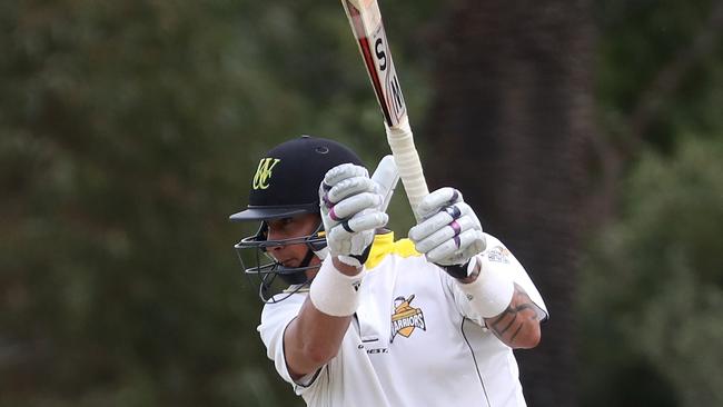 Danny Law of Westmeadows drives during the VTCA cricket grand final between Westmeadows and St Francis de Sales played at Hanmer Reserve on Saturday 17 March, 2018.