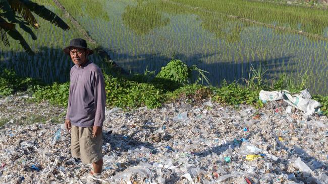 A rice farmer treads through plastic waste surrounding his paddy fields. Picture: Graham Crouch