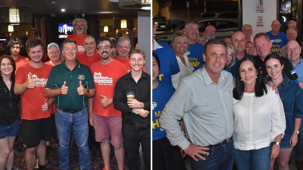 Labor’s Rob Skelton and LNP’s Marty Hunt have pulled up pews at pubs on opposite sides of the street to watch the knife-edge vote count for Nicklin.