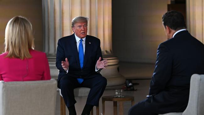 Donald Trump speaks during a Fox News virtual town hall with anchors Bret Baier and Martha MacCallum from the Lincoln Memorial in Washington. Picture: AFP