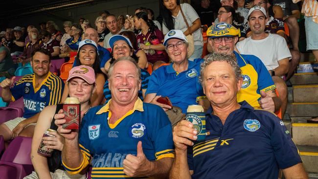 Eels fans Sue and Stewie, Syd and Buttons, Jazz and Kenny at the 2023 NRL match at TIO Stadium. Picture: Pema Tamang Pakhrin