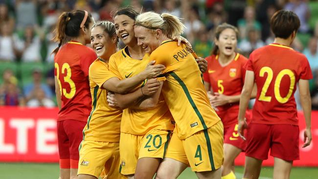 Sam Kerr of the Matildas celebrates. (Photo by Robert Cianflone/Getty Images)