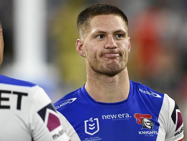 TOWNSVILLE, AUSTRALIA - SEPTEMBER 14: Kalyn Ponga of the Knights looks dejected after losing the NRL Qualifying Final match between North Queensland Cowboys and Newcastle Knights at Queensland Country Bank Stadium on September 14, 2024 in Townsville, Australia. (Photo by Ian Hitchcock/Getty Images)