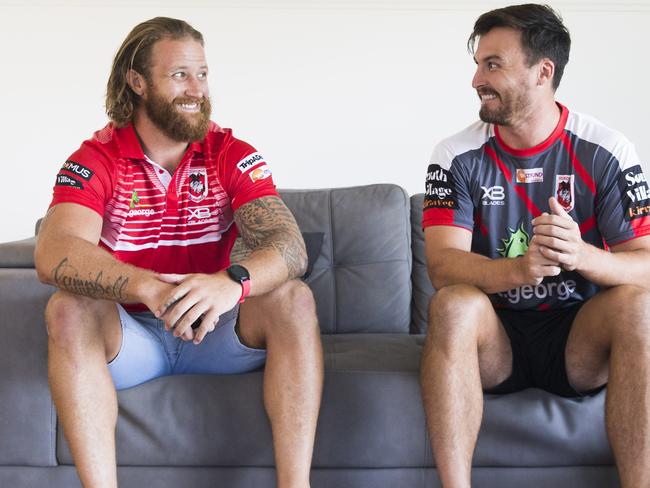 Dragon's NRL player Korbin Sims with new recruit Lachlan Maranta on their lounge in Unanderra, Wollongong. Picture: Dylan Robinson