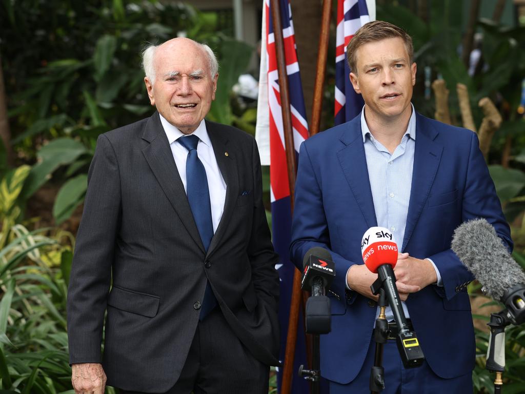 Former Australian Prime Minister John Howard on the campaign trail with LNP incumbent for Ryan Julian Simmonds. NewsWire / Sarah Marshall