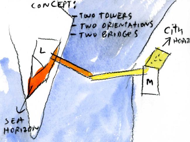 The delightfully simple drawing of the two towers with two bridges. Picture: Steven Holl Architects