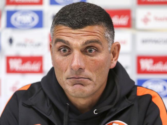 Brisbane Roar coach John Aloisi speaks to media after the Round of 32 FFA Cup match between Hyundai A-League sides Brisbane Roar and Melbourne Victory at Perry Park in Brisbane, Wednesday, August 9, 2017. (AAP Image/Glenn Hunt) NO ARCHIVING, EDITORIAL USE ONLY