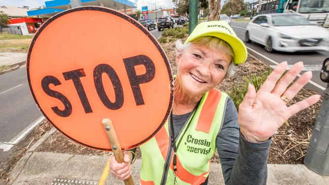 Lollipop lady Lesley Bell has been making the roads safer for kids to cross in Nillumbik for 30 years. Picture: Tim Carrafa