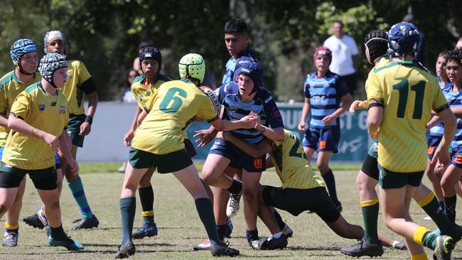 Action galleries of the junior rugby union grand finals, match played at Surfers Paradise Home Ground. Helensvale Hogs Vs Surfers Paradise Dolphins under 13s division. hogs Player Matti Gill. Picture Mike Batterham