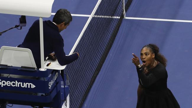 Serena Williams argues with chair umpire Carlos Ramos during the 2018 US Open final against Naomi Osaka. Picture: Getty Images