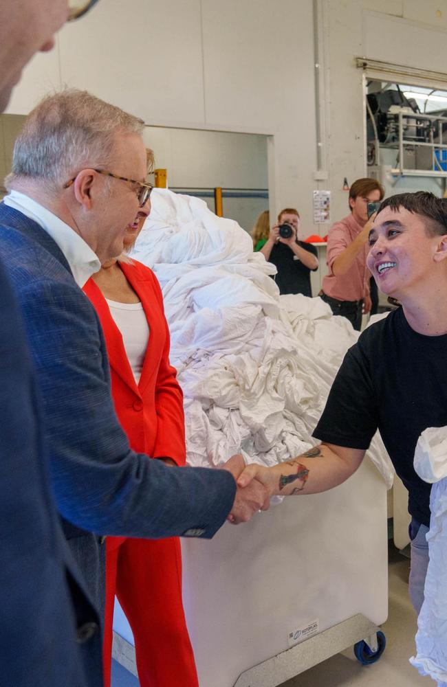 Prime Minister Anthony Albanese with local Mel at the Bangalow Social Enterprise Laundry. Picture: Supplied