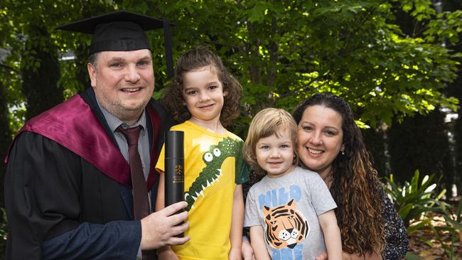 Master of Engineering Practice graduate Luke McGuirk with wife Carly Tornatora and kids Charlie (left) and Luca McGuirk at a UniSQ graduation ceremony at The Empire, Wednesday, October 30, 2024. Picture: Kevin Farmer