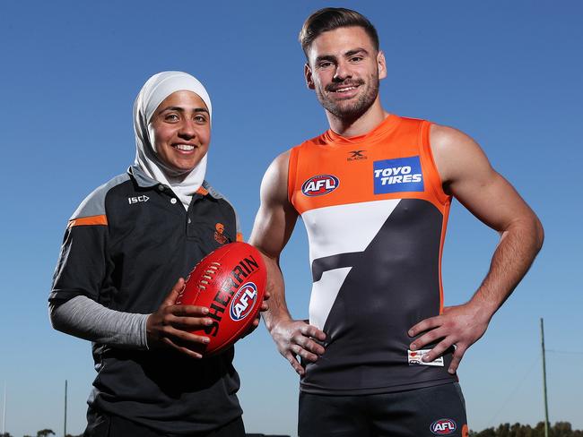 GWS Giants AFLW star Lael Kassem and Steve Coniglio ahead of Multicultural round in AFL at GWS headquarters, Homebush. Picture: Brett Costello