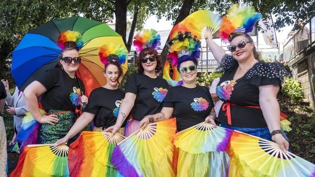 Liz Knox, Grace Cherry, Elysia Mannix, Lauren Burford and Asha Billings at TAS Pride Parade. Picture: Caroline Tan