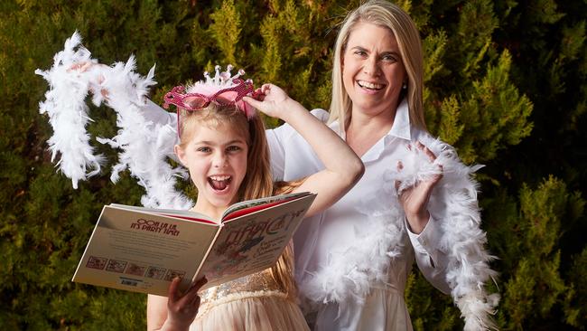 Annabelle, 8, and her mother Sarah Marshall prepare for Book Week, with Annabelle going as Fancy Nancy from the book of the same name. Picture: Matt Loxton