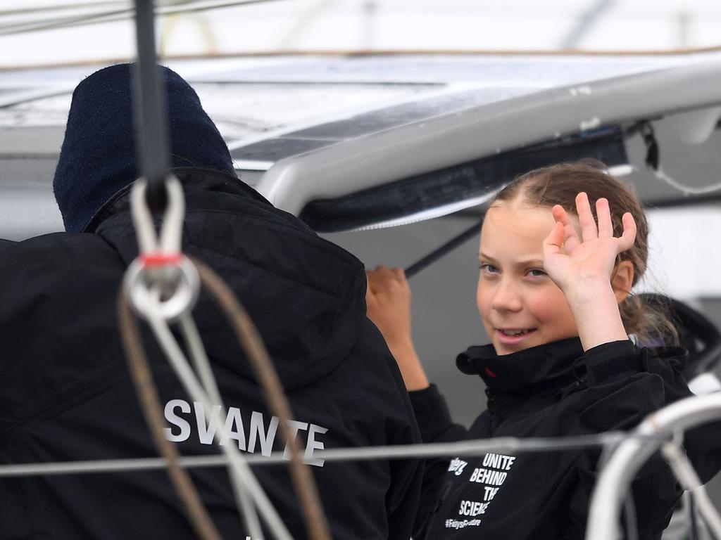 Swedish climate activist Greta Thunberg, 16, arrives in the US after a 15-day journey crossing the Atlantic in the Malizia II, a zero-carbon yacht, on August 28. Picture: Johannes Eisele/AFP