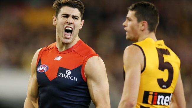 Melbourne's Christian Petracca celebrates his goal. Picture: Michael Klein