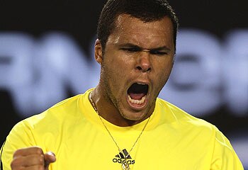 Tsonga ... celebrates a winning point at Melbourne Park. <em>Getty</em>