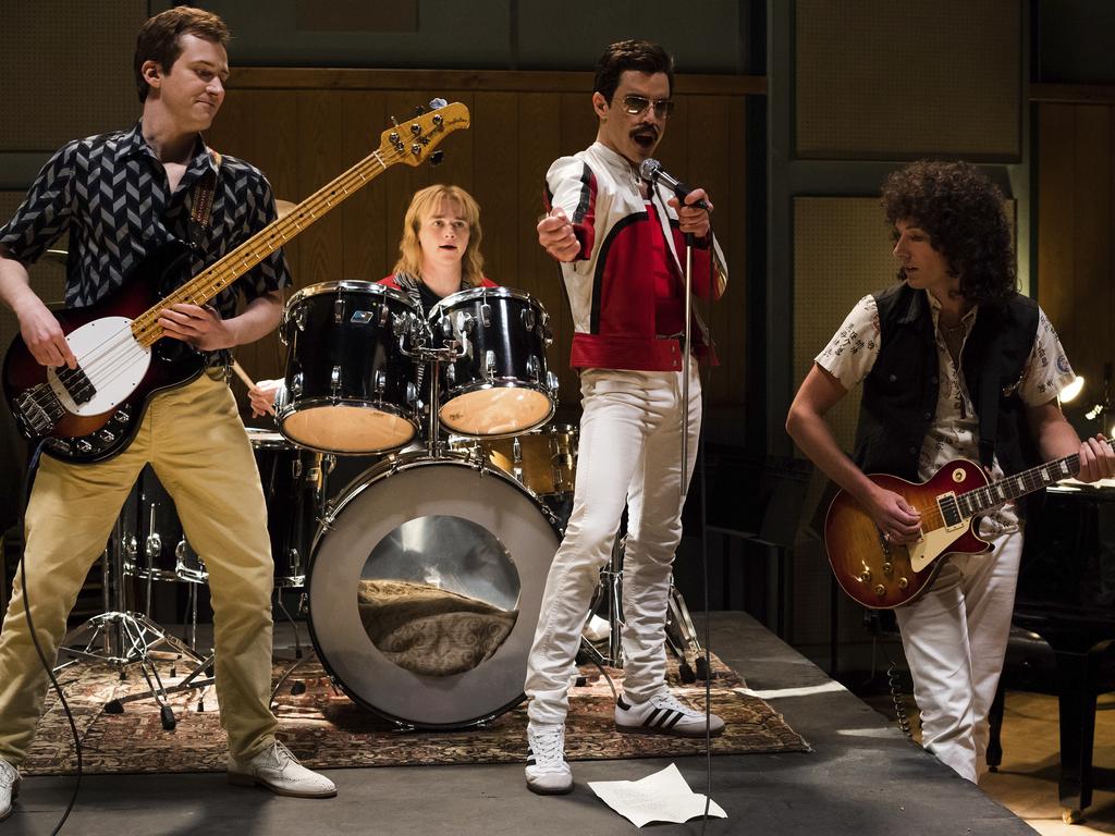 The band in the studio in Bohemian Rhapsody. Picture: Alex Bailey/Twentieth Century Fox via AP