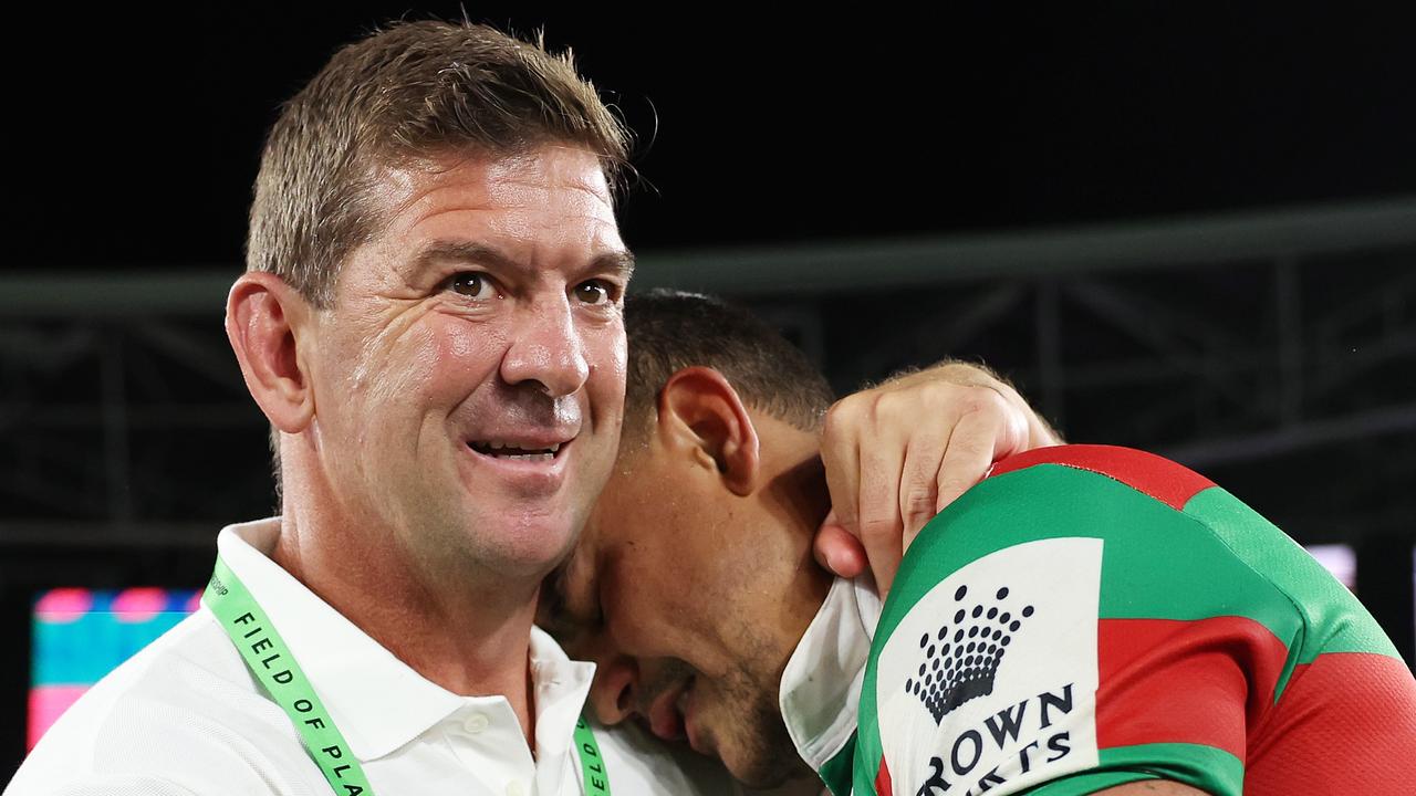 SYDNEY, AUSTRALIA – MARCH 25: Latrell Mitchell of the Rabbitohs celebrates with Rabbitohs head coach Jason Demetriou after victroy during the round four NRL match between South Sydney Rabbitohs and Manly Sea Eagles at Accor Stadium on March 25, 2023 in Sydney, Australia. (Photo by Mark Metcalfe/Getty Images)