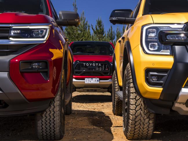 2023 Toyota HiLux GR, Ford Ranger Wildtrak X, Volkswagen Amarok PanAmericana comparison test. Photo: Mark Bean