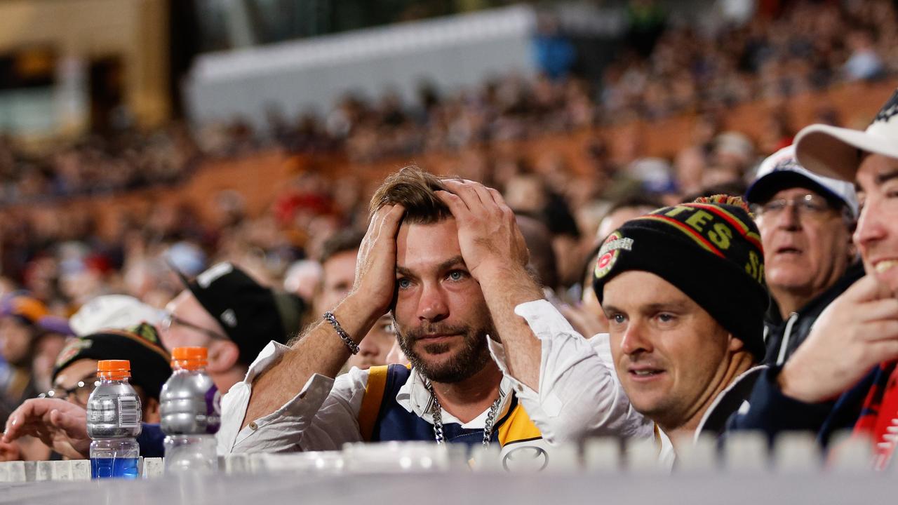 The six lead changes to half time is starting to have an impact on Crows fans. (Photo by Dylan Burns/AFL Photos via Getty Images)