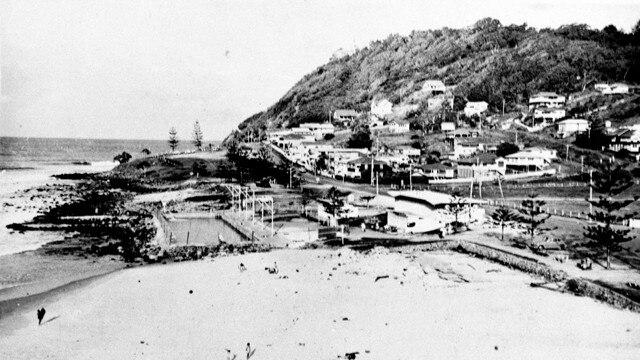 Burleigh Heads Beach showing the salt water swimming pool, built in 1953. It was replaced by a new swimming centre in 1987-88. Photographer unidentified. Photo: City Libraries Local Studies Collection