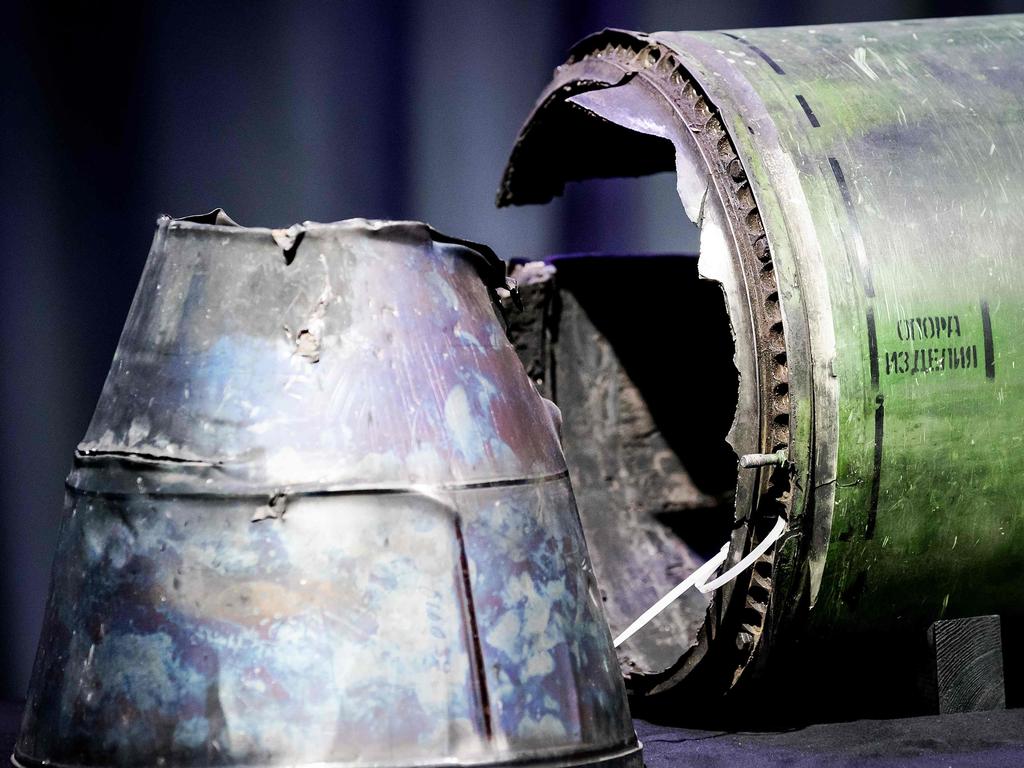 A section of the BUK-TELAR rocket that downed MH17 is displayed as the Joint Investigation Team (JIT) delivers its findings on May 24, 2018. Picture: AFP