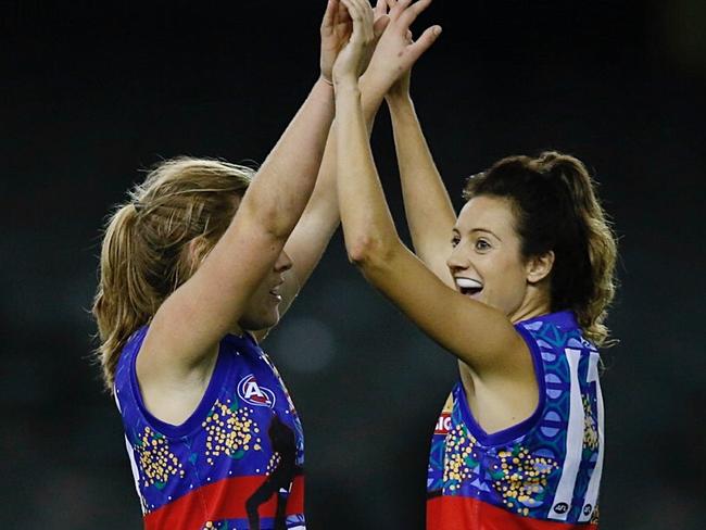 Womens exhibition match. Western Bulldogs vs Western Australia at Etihad Stadium. Stephanie Chiocci and teammate celebrate as the final siren sounds . Pic: Michael Klein.