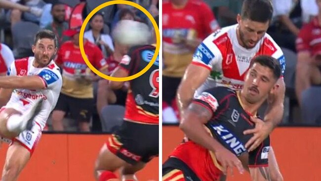 Dolphin Jeremy Marshall-King caught by all-time falcon. Photos: Fox Sports