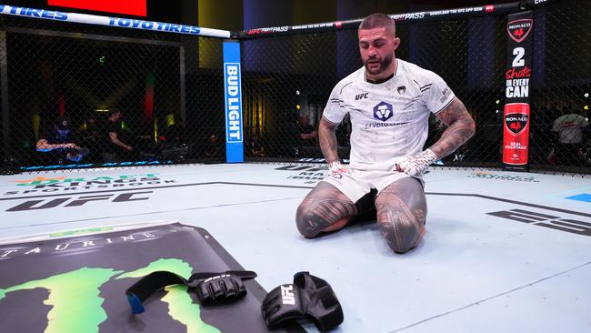 Tyson Pedro of Australia announces his retirement after a loss against Vitor Petrino in Las Vegas. Photo: Getty Images