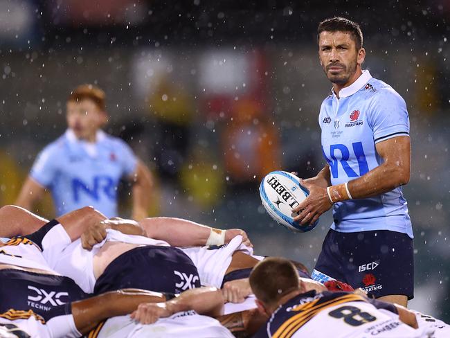 Jake Gordon prepares to feed a scrum for the Waratahs. Picture: Getty