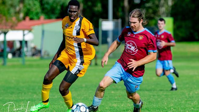 Golden Boot Leader Jok Ayii (Left) of West Wanderers FC competes against St Albans. Picture: DSL Photography