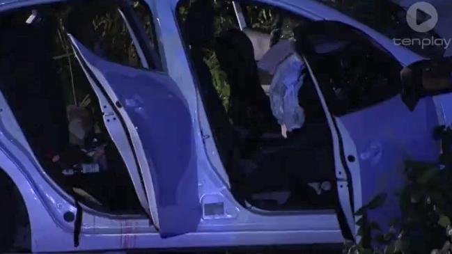 The damaged vehicle after it slammed into a tree. Picture: Ten News