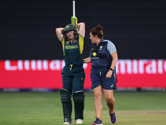 Alyssa Healy is helped from the field after injuring her foot in the T20 World Cup in Dubai last year Picture: Getty Images