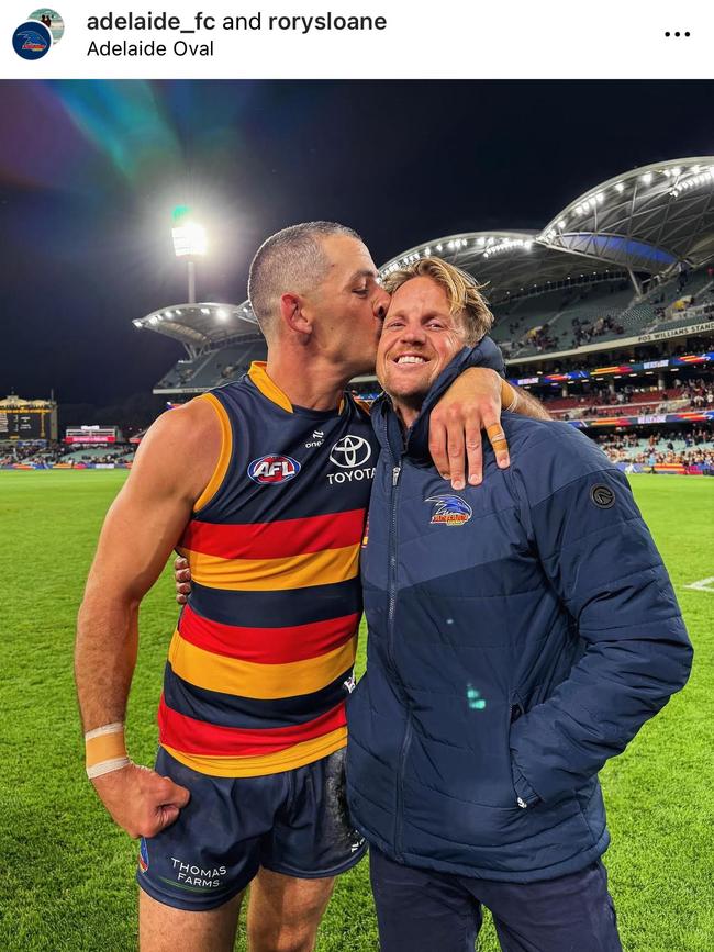 Adelaide Crows stars Taylor 'Tex' Walker and Rory Sloane after Thursday night's AFL match. Photo – Instagram.