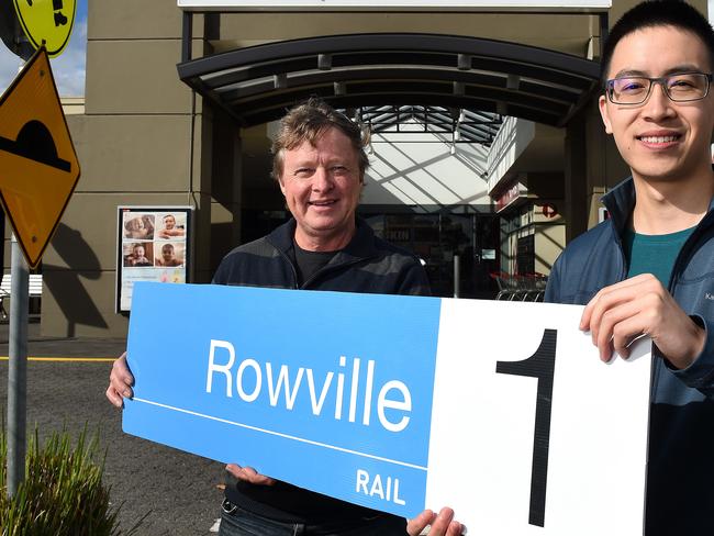 Mick Van de Vreede, long time Rowville Rail campaigner, and Shing Hei Ho, documentary film-maker, near the entrance of Stud Park Shopping Centre in Rowville. Picture: Steve Tanner