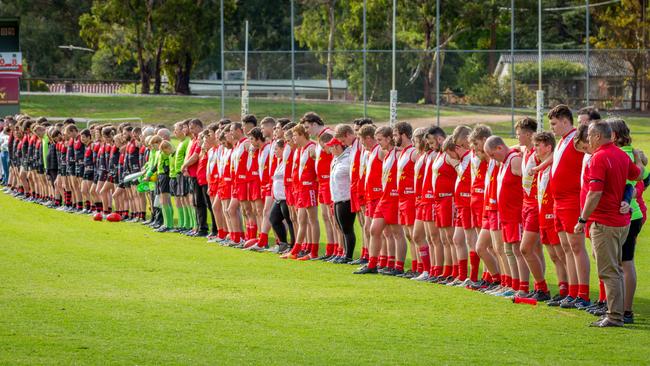 The 1 minute silence at the Birdwood v Macclesfield a Grade team following Loiacono's tragic death a fortnight ago. Picture: Ben Clark