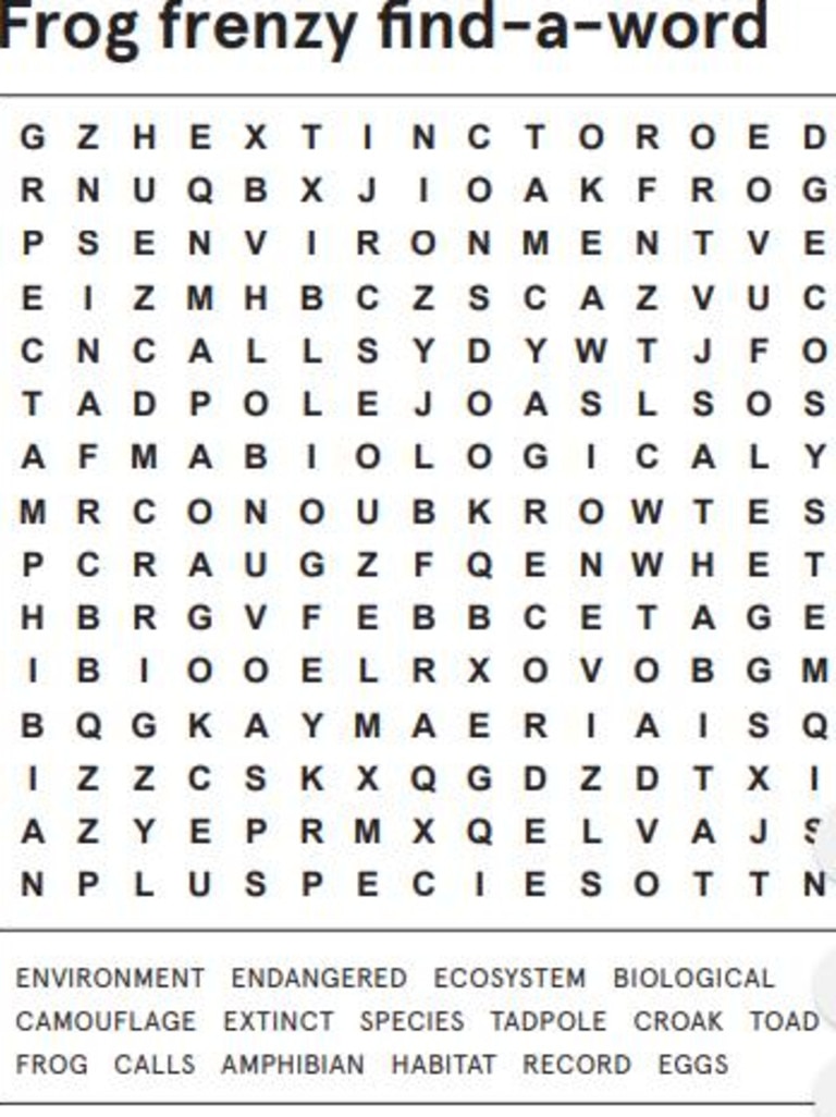 The Frog frenzy find-a-word from the Australian Museum