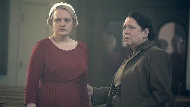 Elisabeth Moss, left, and Ann Dowd as the cruel Aunt Lydia. Picture: AP