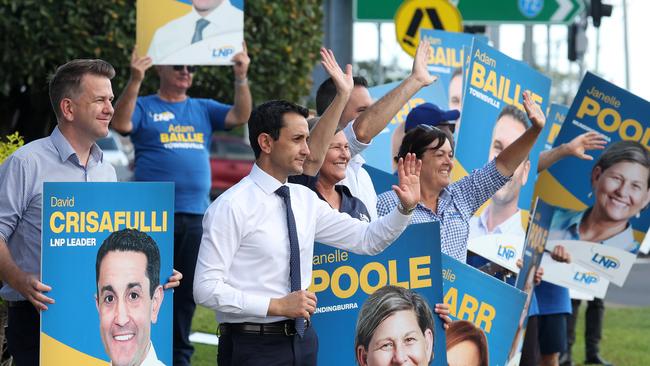 Leader of the Opposition David Crisafulli, Deputy Opposition Leader Jarrod Bleijie, Janelle Poole candidate for Mundingburra, Natalie Marr candidate for Thuringowa, and Adam Baillie candidate for Townsville, roadside campaigning in Townsville. Picture: Liam Kidston