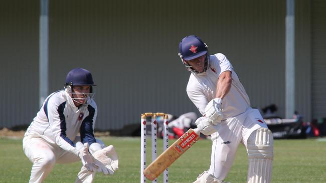 Cricket Gold Coast Kookaburra Cup 1st grade clash between Mudgeeraba Nerang Bushmen and Surfers Paradise Demons at Corbwood Oval, Carrara, on October 23 2021. Mudgeeraba Batsman: Josh Nelson Surfers Bowler: Pic Mike Batterham