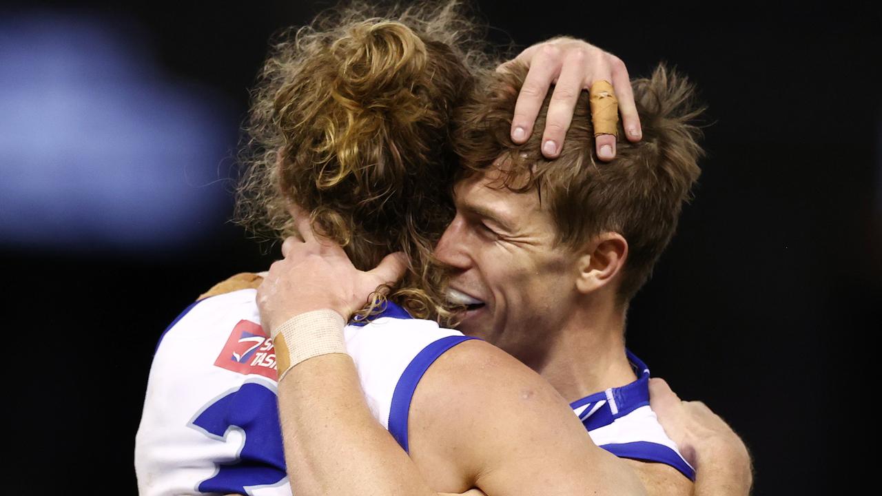 AFL Round 19. Carlton v North Melbourne at Marvel Stadium, Melbourne. 24/07/2021. Jed Anderson of the Kangaroos celebrates a last qtr goal with Trent Dumont. Pic: Michael Klein