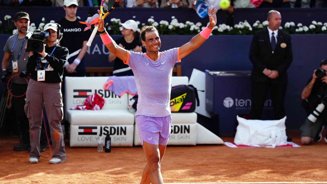 Spain's Rafael Nadal celebrates after beating Italy's Flavio Cobolli during the ATP Barcelona Open "Conde de Godo" tennis tournament singles match at the Real Club de Tenis in Barcelona, on April 16, 2024. (Photo by PAU BARRENA / AFP)