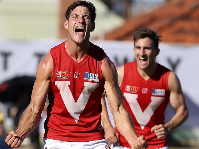 29/04/18 - SANFL - Eagles v North Adelaide at Woodville Oval. Aidan Tropiano celebrates his goal. Picture SARAH REED