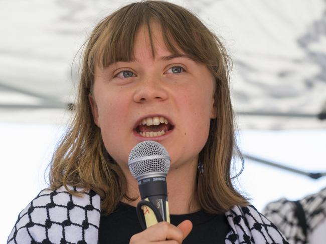 CATANIA, ITALY - JUNE 01: Greta Thunberg speaking at the press conference. Greta is part of the crew of the ship Madleen, headed to Gaza to deliver humanitarian aid on June 01, 2025 in Catania, Italy. Swedish activist Greta Thunberg is among those who will attempt to sail to Gaza on a boat organized by the Freedom Flotilla Coalition (FFC), in a bid to break Israel's blockade of the Palestinian territory. Freedom Flotilla had to abort a previous journey in early May after it said its boat came under attack by drones in international waters near Malta. (Photo by Fabrizio Villa/Getty Images)