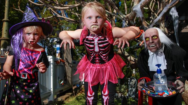 Three-year-old Ella Salkavich and her sister Annabel, 6, are looking forward to a COVID-safe Halloween. Picture: Justin Lloyd