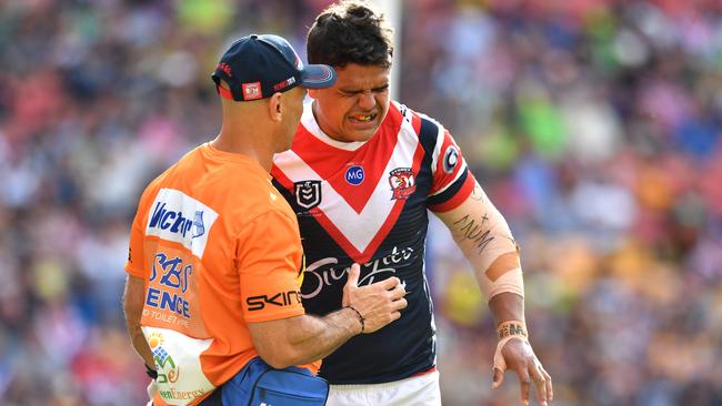 Latrell Mitchell left the field with what was feared to be a serious groin injury. Picture: AAP