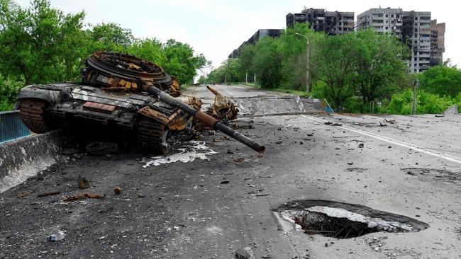 A destroyed Russian tank in Mariupol. Picture: AFP