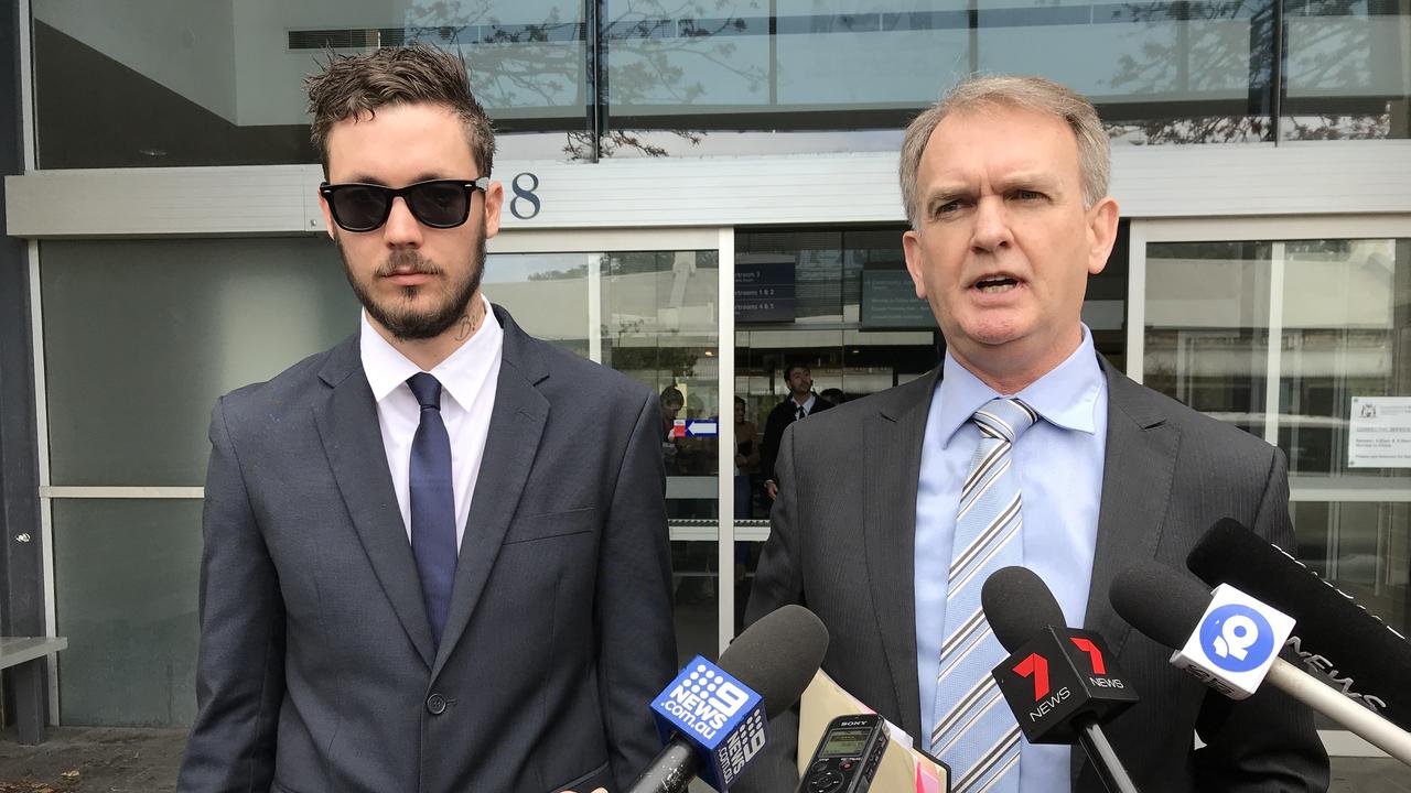 Mitchell Joseph Brindley, 25, and his lawyer Terry Dobson outside the Fremantle Magistrates Court in Perth. Picture: AAP/Rebecca Le May